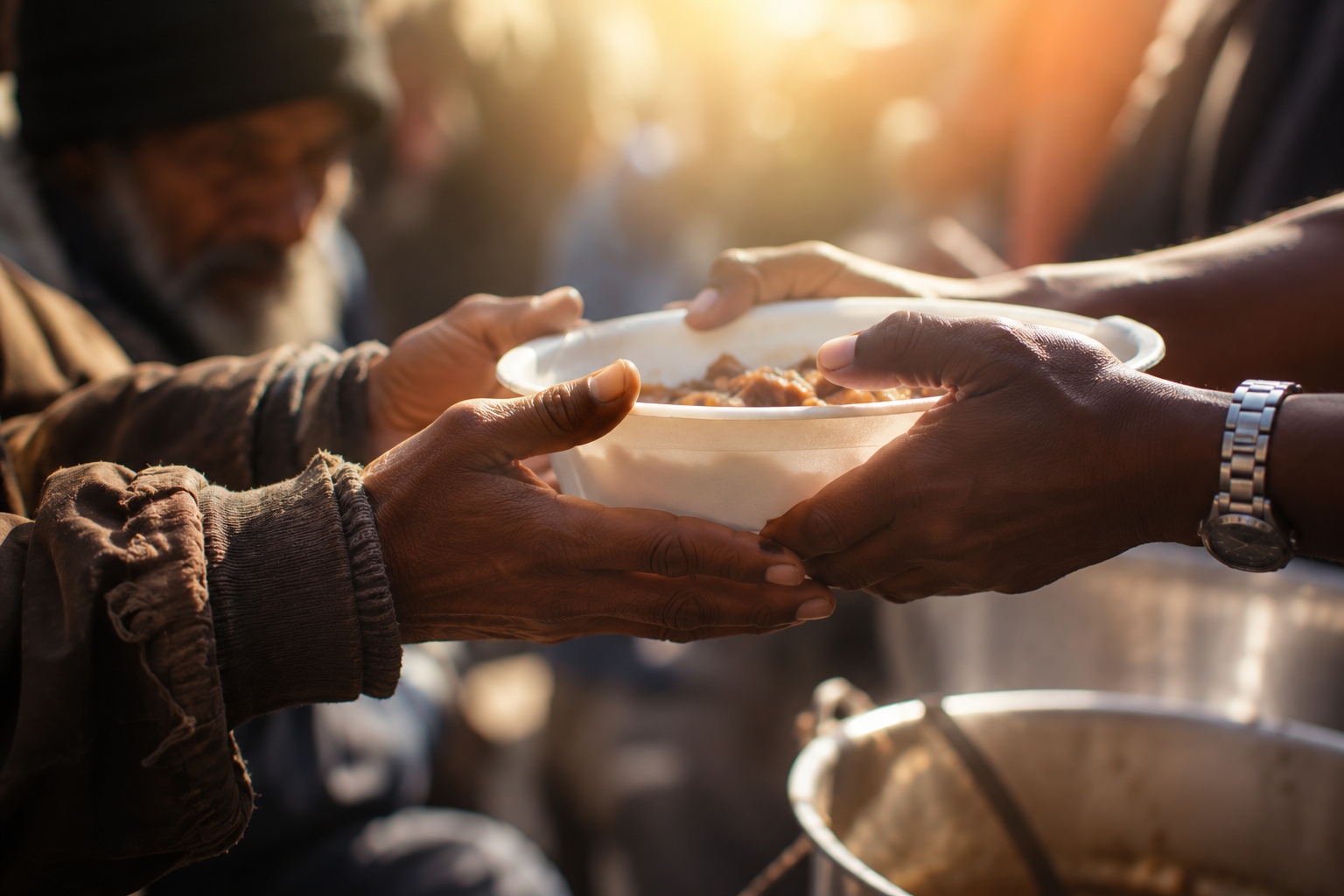 Hands sharing a bowl of food as an act of generosity