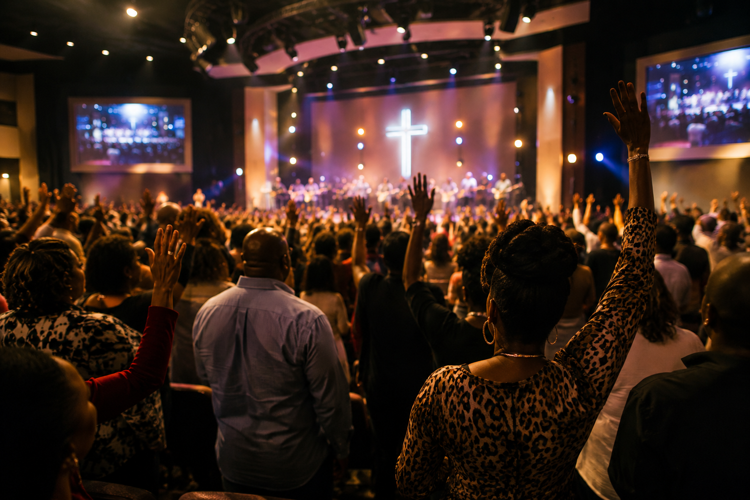 Congregation in worship with hands raised